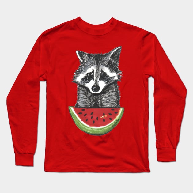 Racoon and watermelon Long Sleeve T-Shirt by Pendientera